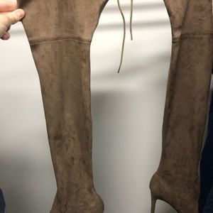 Light brown thigh high suede boots